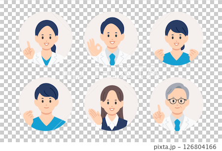 積極的醫生、護士和醫療辦公室男性和女性臉部圖示集 [人物向量插圖素材] 126804166