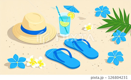 ＜夏＞砂浜の上の麦わら帽子とビーチサンダル 126804231