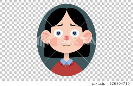 A cartoon girl with big eyes, red nose, rosy cheeks, black hair, red sweater, and a blue shirt collar, set in an oval green background, girl with a big smile A cartoon girl with big eyes, red nose, rosy cheeks, black hair, red sweater, and a blue shirt collar, set in an oval green background, girl with a big smile 126804710