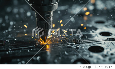 An industrial drill, with sparks flying during operation of production machine at factory. Close-up view. 126805947