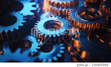 Pile of cogs and gears, close-up view. Mechanical industrial background with cogwheels. 126805949