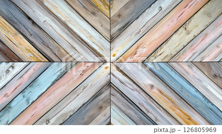 Symmetrical pattern made from various wooden elements like boards, planks or slats. 126805969
