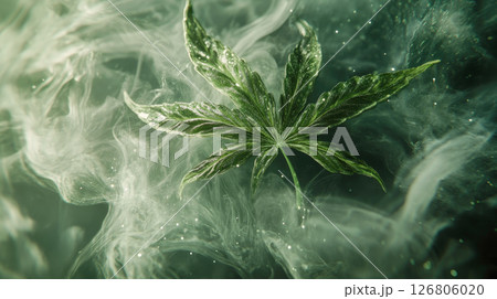Leaf of Hemp, surrounded by dense, swirling smoke. The concept of legalization of marijuana, the impact on psychology, hemp for medical purposes. 126806020