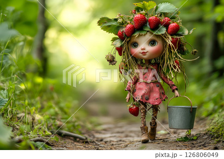 Fantasy character adorned with wild strawberries, carries a jug and walk on the forest 126806049