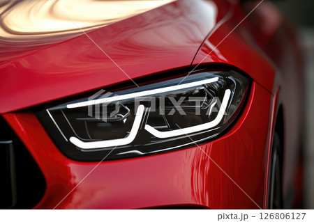 Headlight of modern red car, close-up view. 126806127
