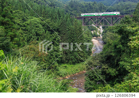 真夏の滝谷郷戸鉄橋を越えていく只見線 126806394