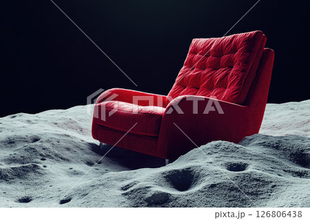 A red armchair on the moon with bumpy surface and dark space. A red armchair on the moon with bumpy surface and dark space. 126806438