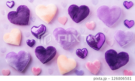 Purple, yellow and pink plush hearts spread out on purple background. 126806581