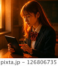 夕暮れの教室でタブレットを操作する女子高生 126806735