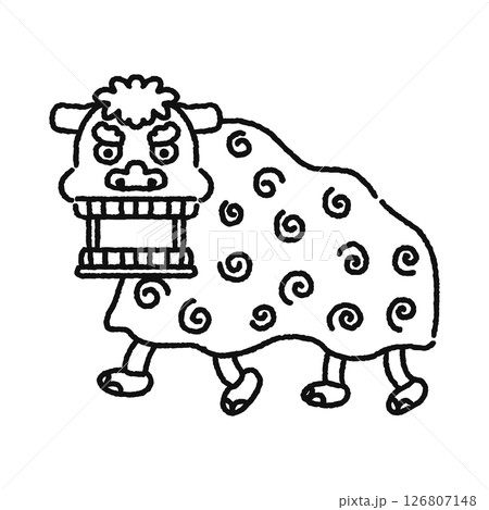 口を開けた獅子舞　線画 126807148