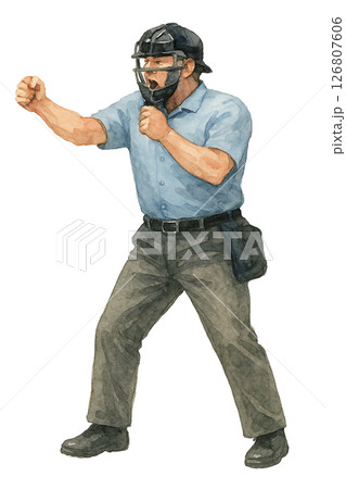 ストライク判定をする野球審判の水彩イラスト（背景透過） 126807606