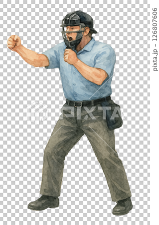 ストライク判定をする野球審判の水彩イラスト（背景透過） 126807606