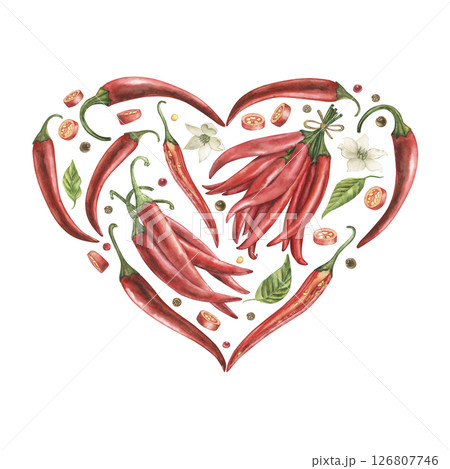 Watercolor heart made of red chili peppers, green leaves, peppercorns, and chili slices. Spicy food love, botanical illustration, hot pepper art for kitchen, Valentine day, or food design, postcards 126807746
