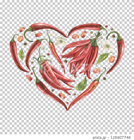 Watercolor heart made of red chili peppers, green leaves, peppercorns, and chili slices. Spicy food love, botanical illustration, hot pepper art for kitchen, Valentine day, or food design, postcards 126807746