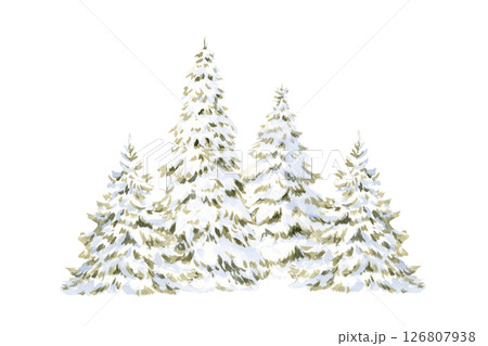Watercolor Christmas trees in snow hand drawn illustration isolated on white background for Happy New Year cards and cute greeting banners. Simple winter horizontal landscape clip art 126807938