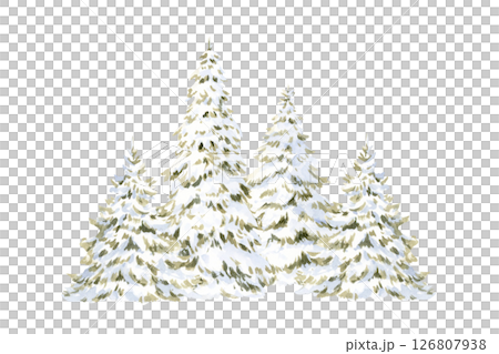 Watercolor Christmas trees in snow hand drawn illustration isolated on white background for Happy New Year cards and cute greeting banners. Simple winter horizontal landscape clip art 126807938