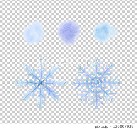 Light blue snowflakes and watercolor winter splashes illustration set isolated on white. Simple hand drawn background elements for Christmas holidays fabric designs 126807939