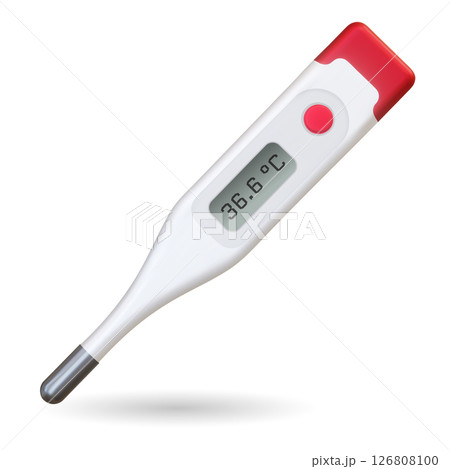 3d Realistic electronic medical thermometer for measuring isolated on white background. Vector. Normal 36.6. Design template of digital thermometer showing temperature. Advertising for hospital or 126808100