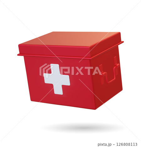 3d Realistic Red first aid kit box isolated on white background. Vector illustration. Advertising for hospital or pharmaceutical company. Sign for pharmacy. Metal First Aid Empty Box, Medicine Storage 126808113