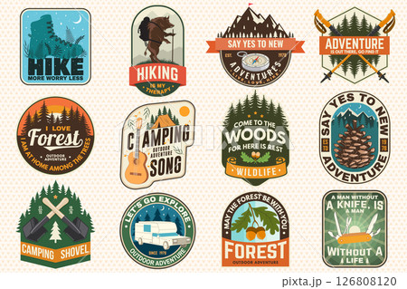 Extreme adventure artwork for poster, patch, sticker with camping quote. Vector. Concept for shirt or logo, print, stamp or tee. Summer camp Extreme adventure artwork for poster, patch, sticker with camping quote. Vector. Concept for shirt or logo, print, stamp or tee. Summer camp 126808120