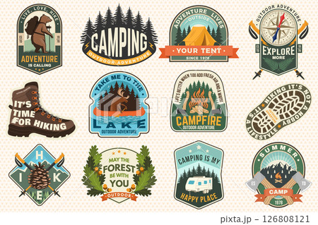 Set of hiking outdoor adventure emblems, patch. Hiking related typographic quote. Design hiker bear with backpack, mountain, hiking poles, hiking boot, mug, compass, and pine cone. Set of hiking outdoor adventure emblems, patch. Hiking related typographic quote. Design hiker bear with backpack, mountain, hiking poles, hiking boot, mug, compass, and pine cone. 126808121