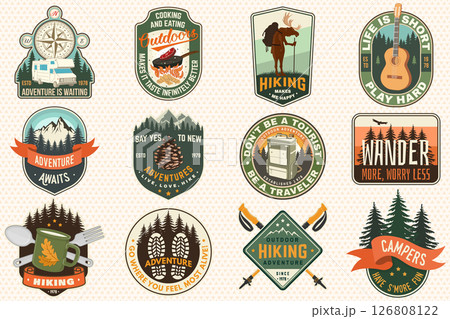 Extreme adventure artwork for poster, patch, sticker with camping quote. Vector. Concept for shirt or logo, print, stamp or tee. Summer camp Extreme adventure artwork for poster, patch, sticker with camping quote. Vector. Concept for shirt or logo, print, stamp or tee. Summer camp 126808122