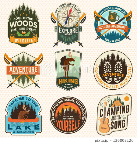 Extreme adventure artwork for poster, patch, sticker with camping quote. Vector. Concept for shirt or logo, print, stamp or tee. Summer camp Extreme adventure artwork for poster, patch, sticker with camping quote. Vector. Concept for shirt or logo, print, stamp or tee. Summer camp 126808126