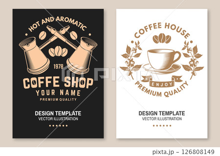 Set of Restaurant and Coffee shop flyer, poster, banner design. Vector. Concept for cafe and restaurant logo, brand, label with coffee beans and bowl with a handle for making coffee on the stove Set of Restaurant and Coffee shop flyer, poster, banner design. Vector. Concept for cafe and restaurant logo, brand, label with coffee beans and bowl with a handle for making coffee on the stove 126808149