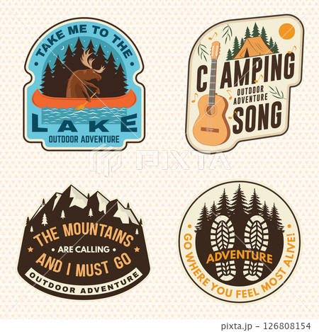 Extreme adventure artwork for poster, sticker with camping quote. Vector. Concept for shirt or logo, print, stamp or tee. Summer camp 126808154