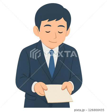 頭を下げて書類を差し出すスーツ姿の男性、丁寧にお詫びやお願いをするビジネスマンのイラスト、敬意を込め 126808435