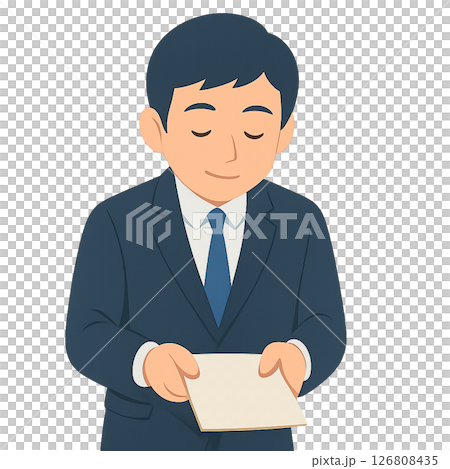 頭を下げて書類を差し出すスーツ姿の男性、丁寧にお詫びやお願いをするビジネスマンのイラスト、敬意を込め 126808435