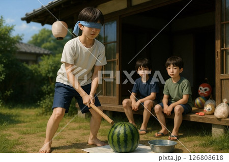 夏休み、庭でスイカ割りをする少年たち 126808618