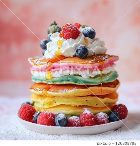 レインボーパンケーキ フルーツと生クリームの華やかスイーツ レインボーパンケーキ フルーツと生クリームの華やかスイーツ 126808788