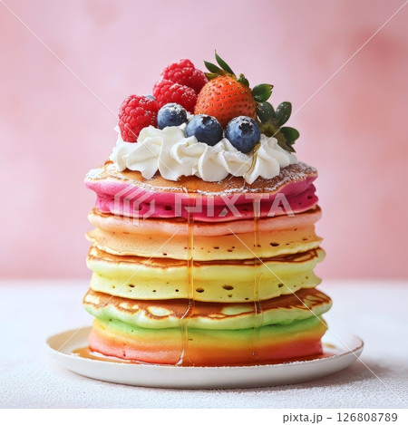 レインボーパンケーキ フルーツと生クリームの華やかスイーツ レインボーパンケーキ フルーツと生クリームの華やかスイーツ 126808789