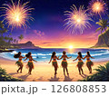花火が上がるサンセットビーチではしゃぐフラガール 126808853