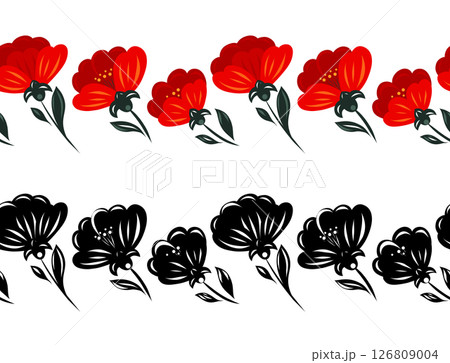 Vector set of decorative friezes with red poppies in a row isolated from background. Collection of floral friezes in folk art style Vector set of decorative friezes with red poppies in a row isolated from background. Collection of floral friezes in folk art style 126809004