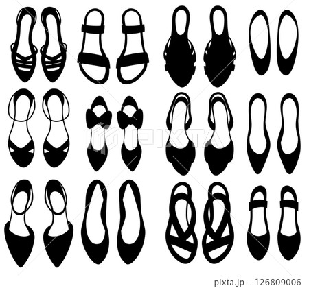 Vector set of various women summer shoes. Collection of monochrome clip arts of sandals and flip flops Vector set of various women summer shoes. Collection of monochrome clip arts of sandals and flip flops 126809006