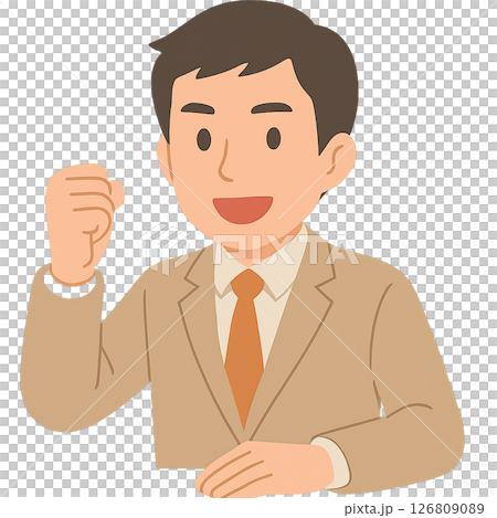 A man in a beige suit showing his motivation with a fist pump, an illustration of a businessman cheering with a positive smile, to success 126809089