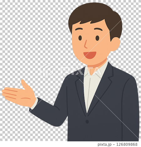 A man in a suit guiding with his right hand out, an illustration of a businessman giving a smiling explanation, guiding carefully 126809868