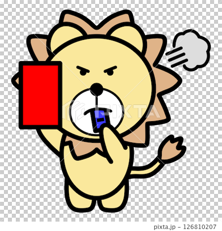 Illustration of an angry lion character holding up a red card to warn a player / Material that can be used for dismissal, foul play, and refereeing scenes 126810207