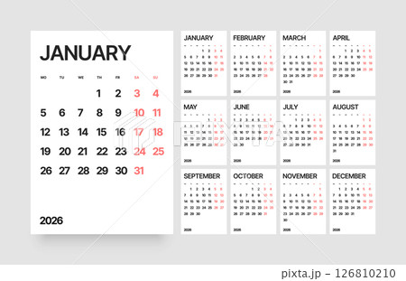 Monthly calendar layout for 2026. Planner diary. 126810210