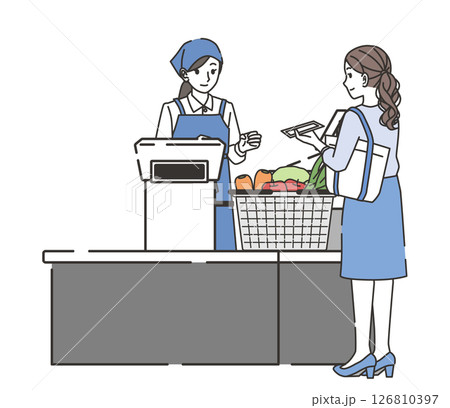 現金でお支払いをする女性とお金を受け取る店員 126810397