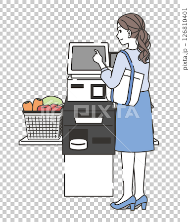 Illustration of a woman using a self-checkout 126810401