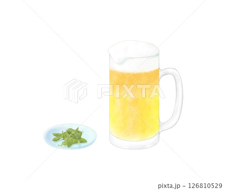 ジョッキに注いだ黄色いビールと枝豆 水彩 126810529