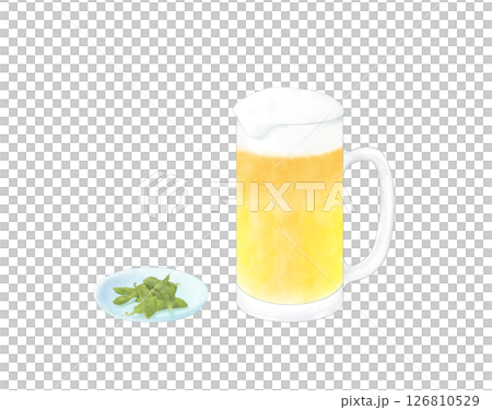 ジョッキに注いだ黄色いビールと枝豆 水彩 126810529