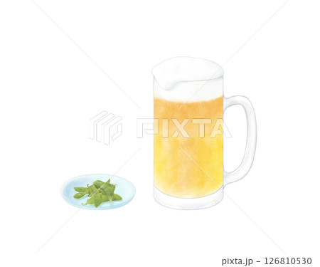 ジョッキに注いだビールと枝豆 水彩 126810530