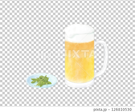 ジョッキに注いだビールと枝豆 水彩 126810530