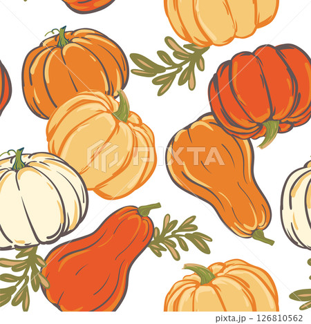 Vector pattern with orange and yellow pumpkins in flat style. Autumn seamless background for textile. Illustration for seasonal autumn holidays, Halloween, Thanksgiving, harvest. Vector pattern with orange and yellow pumpkins in flat style. Autumn seamless background for textile. Illustration for seasonal autumn holidays, Halloween, Thanksgiving, harvest. 126810562