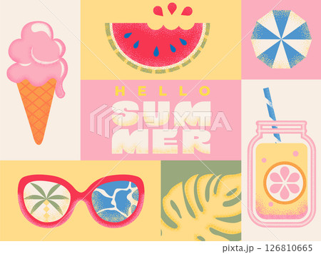 Retro summer banner with textured symbols of hot season - ice cream, watermelon, lemonade, sunglasses and tropical leaf. Template for posters,covers,web,marketing and print. Vector illustration. 126810665
