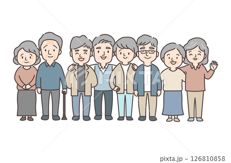 シニア男女8人が仲良く集まるイラスト 126810858